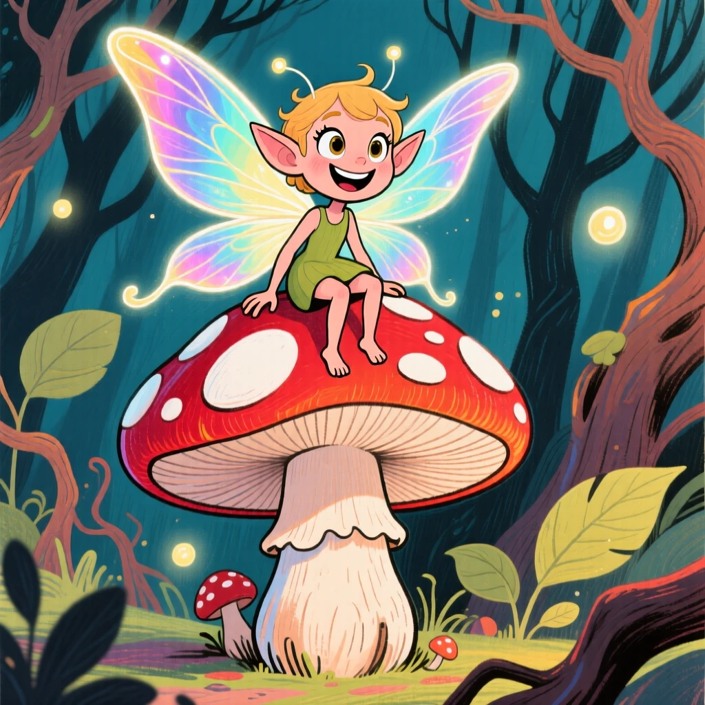 A fairy with delicate glowing wings perched on a giant mushroom in an enchanted forest.