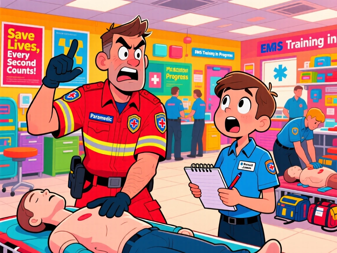A vibrant profession-themed portrait of a tireless paramedic training a wide-eyed new recruit, in a bustling and colorful workplace.