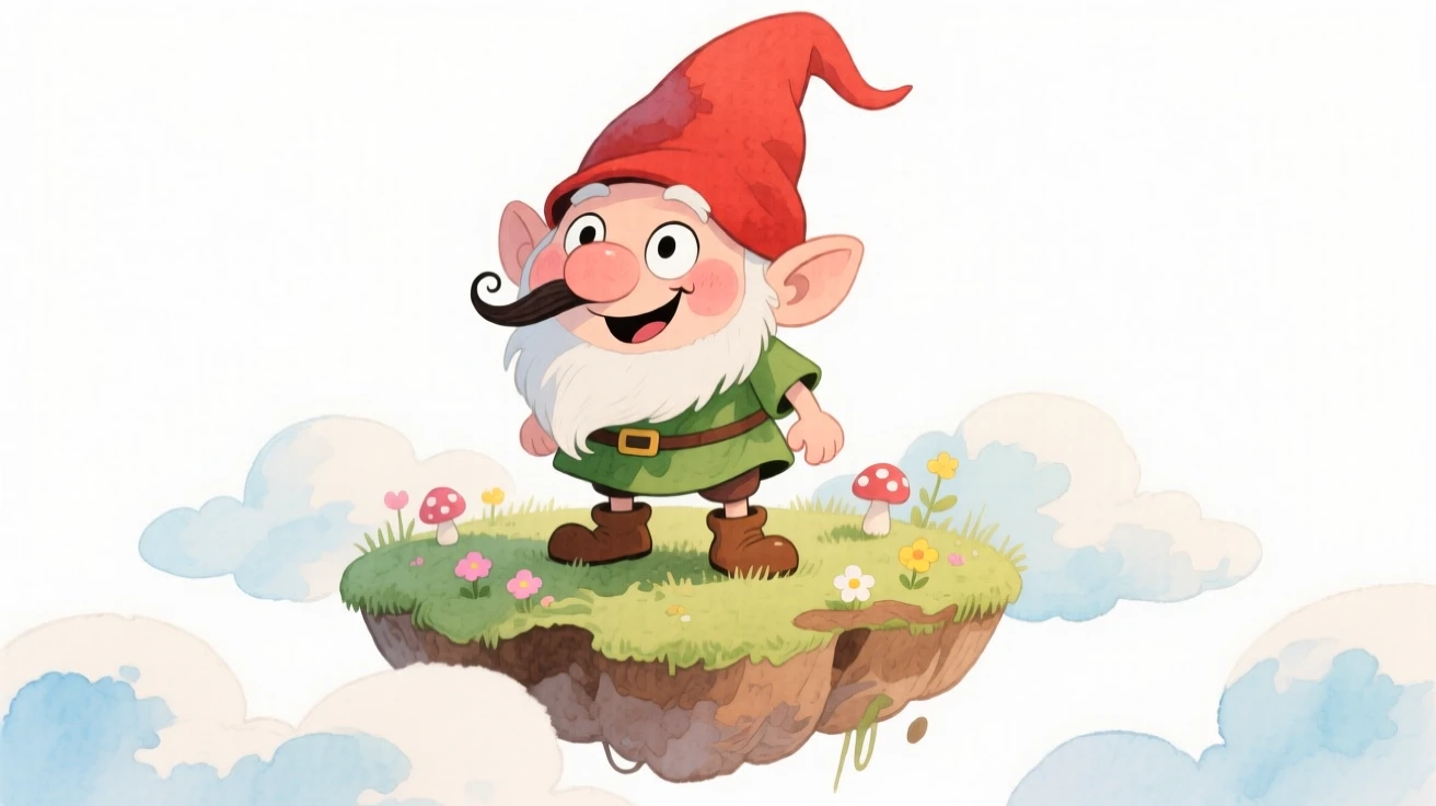 A mischievous gnome standing atop a floating island in the clouds