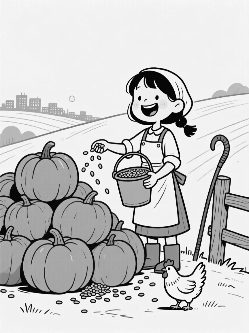 A farmer's daughter feeding chickens from an overflowing bucket, grinning ear to ear behind an enormous orange pile, set atop a hill far from city lights. A lone shepherd's crook leans against a fence post. The scene celebrates nature's simple, joyful surprises.