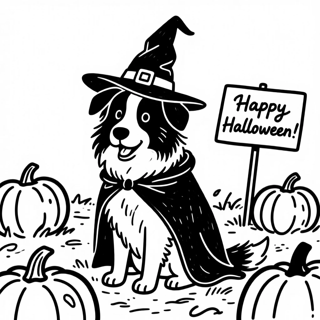 A border collie dressed as a tiny witch or wizard for Halloween, sitting in a pumpkin patch.