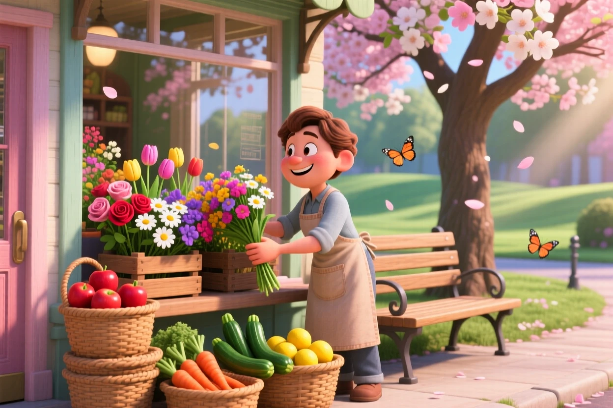 A shopkeeper arranging fresh flowers in a window display is captured on a park bench beneath a blossoming tree, with baskets of fresh produce stacked neatly. A simple contentment radiates through the scene.