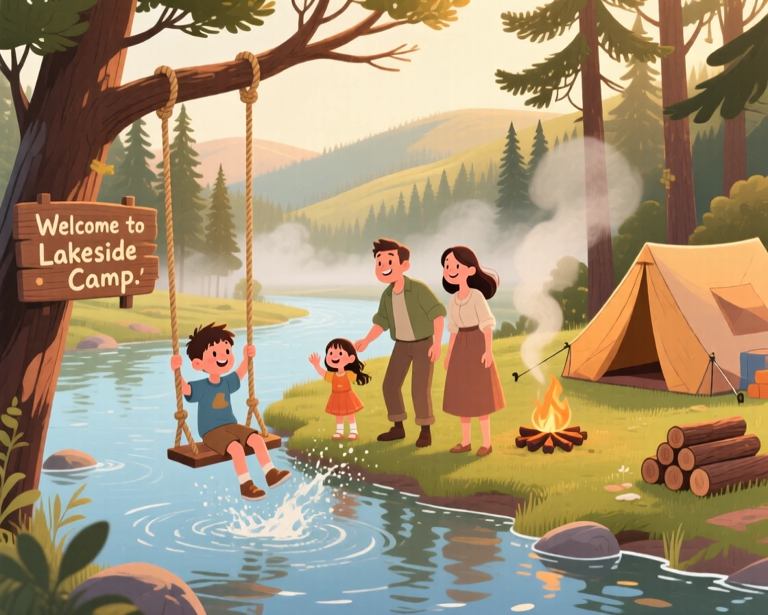 A family of campers spends the day following a river downstream on a rope swing through a quiet lakeside campsite, while a gentle mist rises from the water.