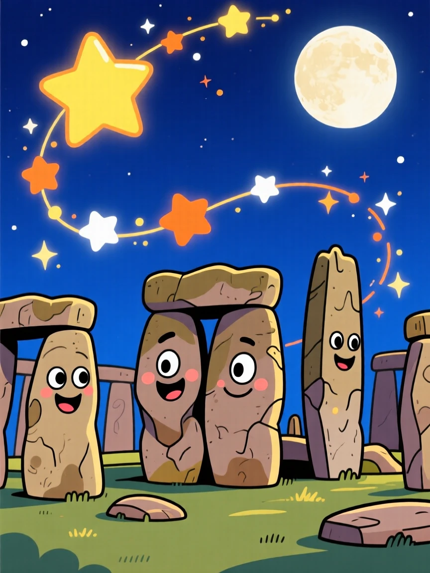Stars trailing above the ancient stones of Stonehenge at night.