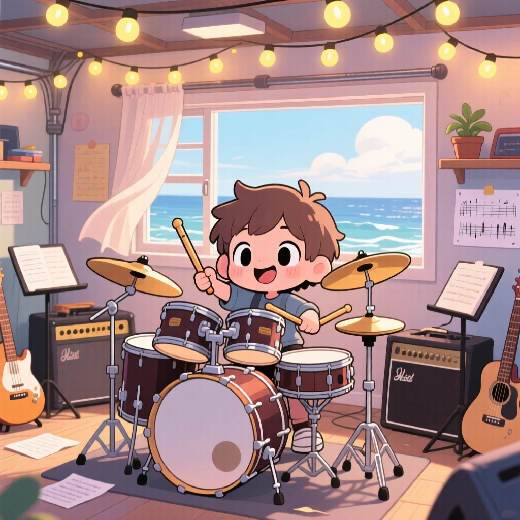 Silhouette composition: a young drummer, beating a joyful rhythm on a drum set, set against a garage band practice room on a breezy coastal afternoon, with glowing string lights and a mood of peaceful calm.