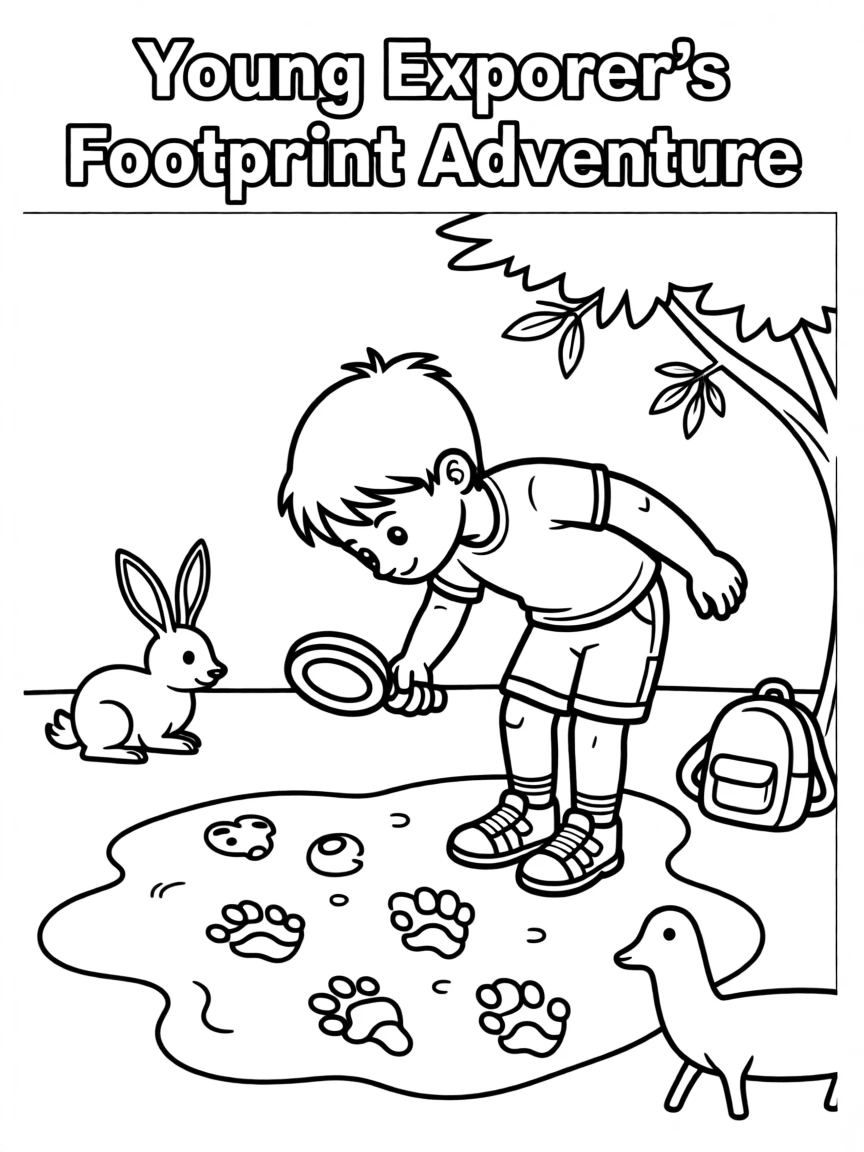 A young explorer studying footprints of animals in fresh mud