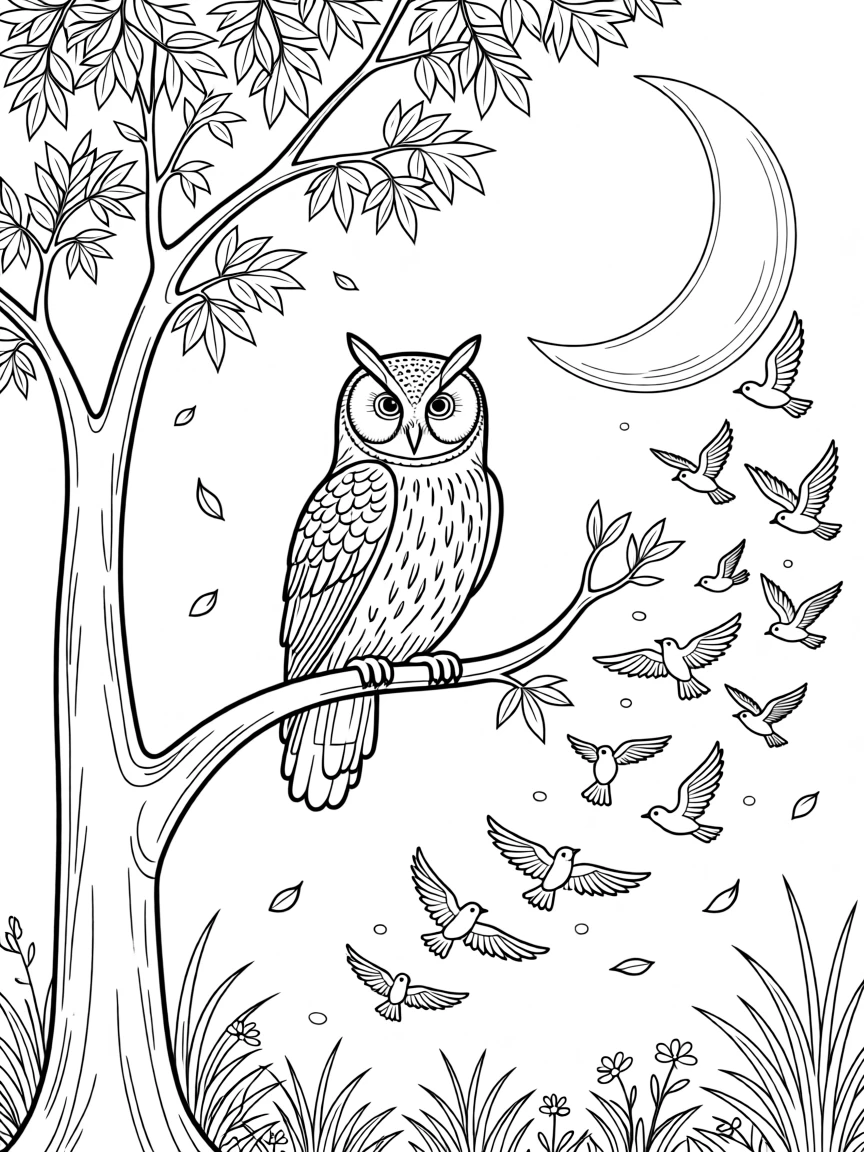 An owl perched silently on a moonlit branch, with a flock of small birds scattering nearby.
