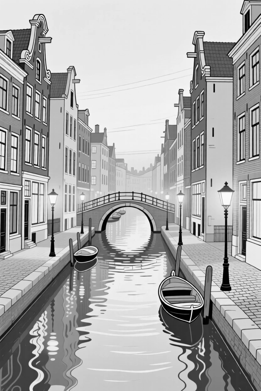 A famous canal district lit up with rippling reflections