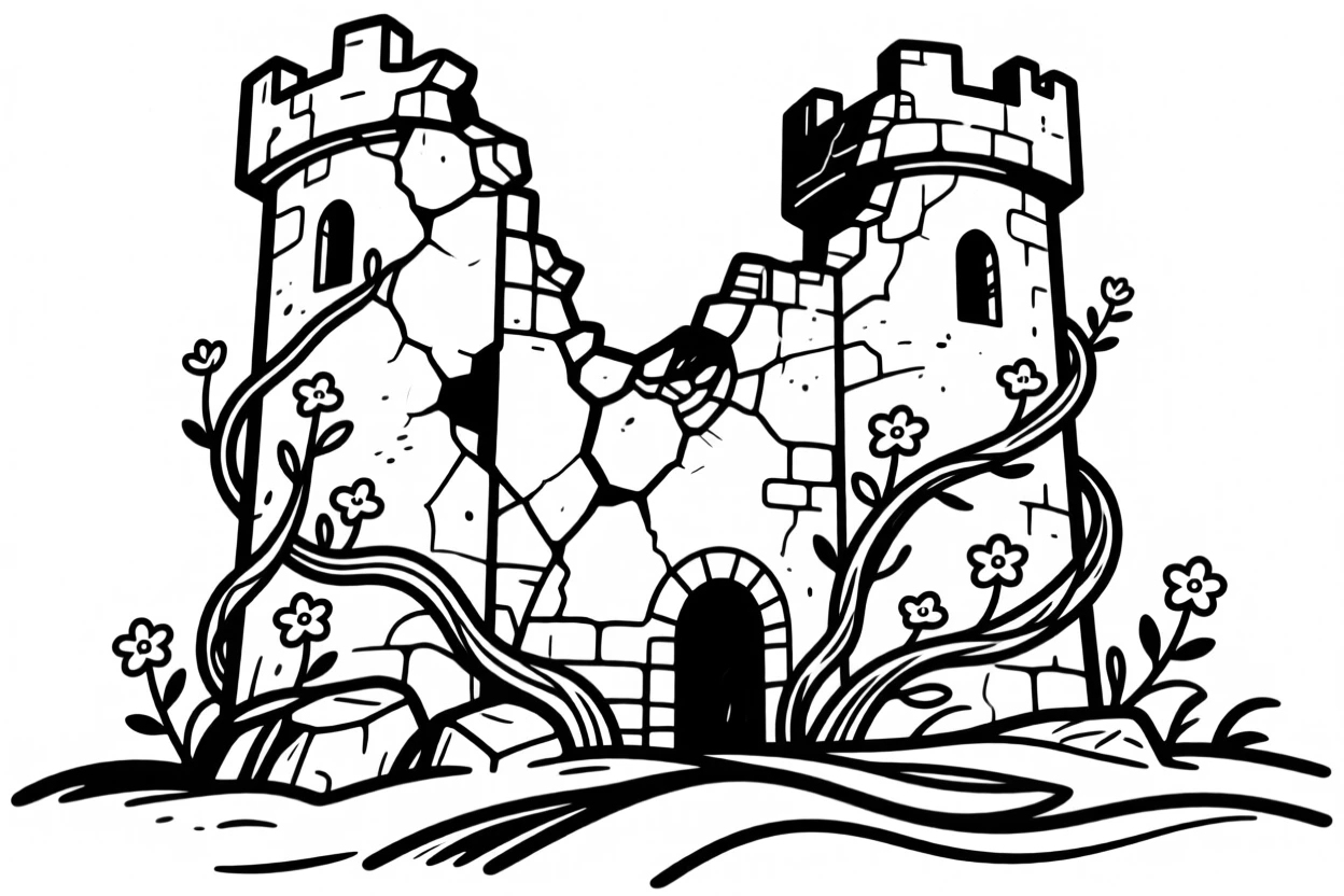 A crumbling castle reclaimed by nature, vines and flowers growing through its stones.