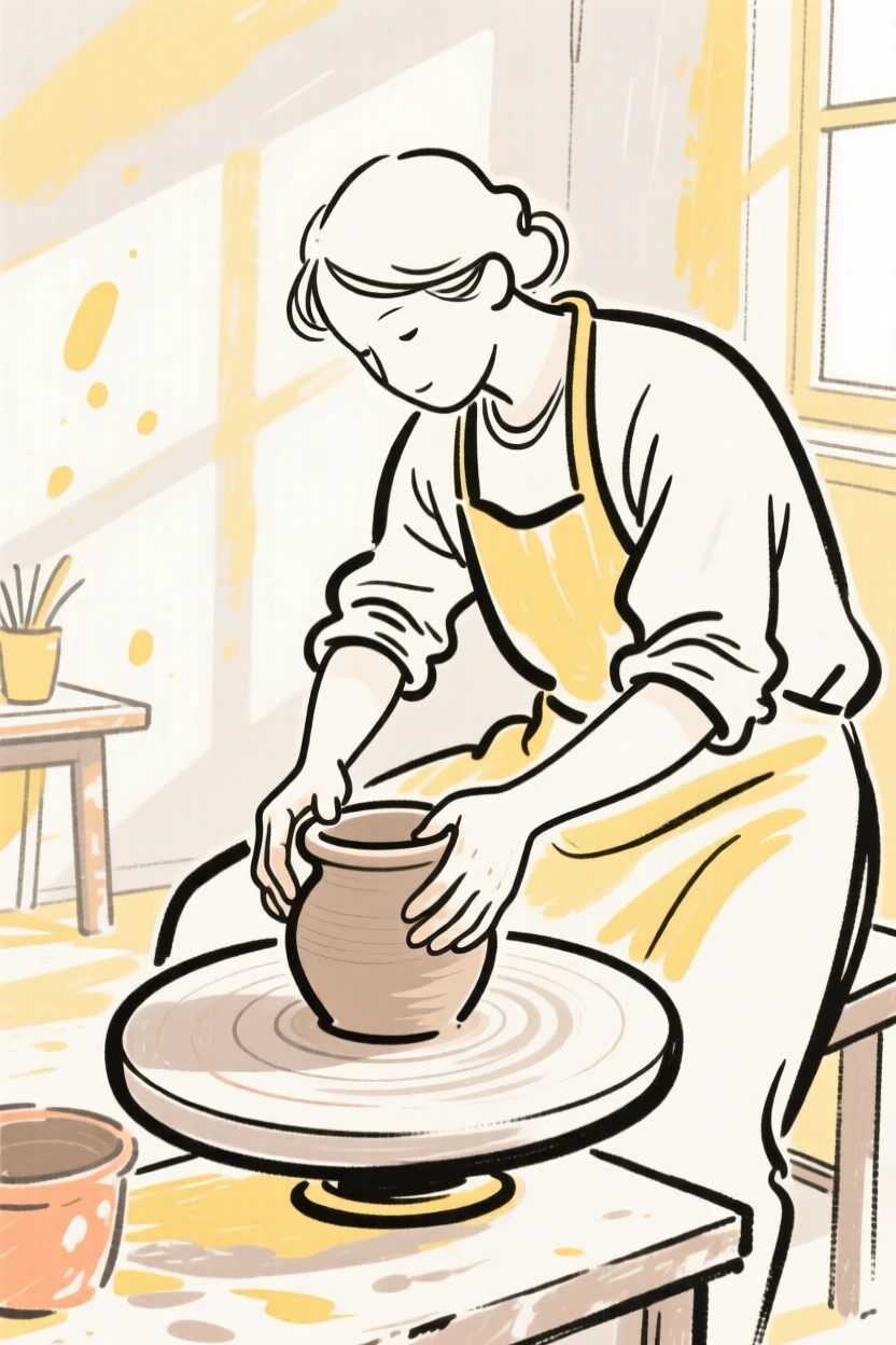 A potter shaping clay on a spinning wheel in a sunlit studio.