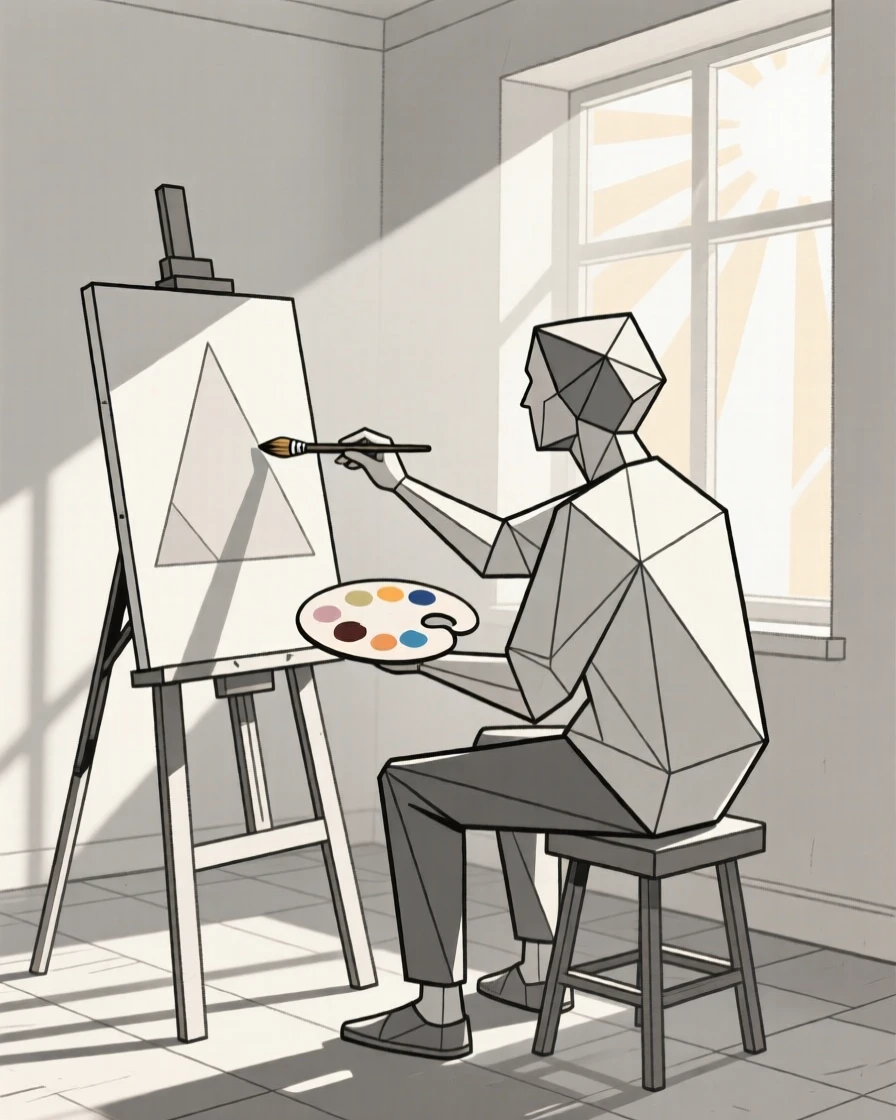 A painter working on a canvas in a sunlit studio