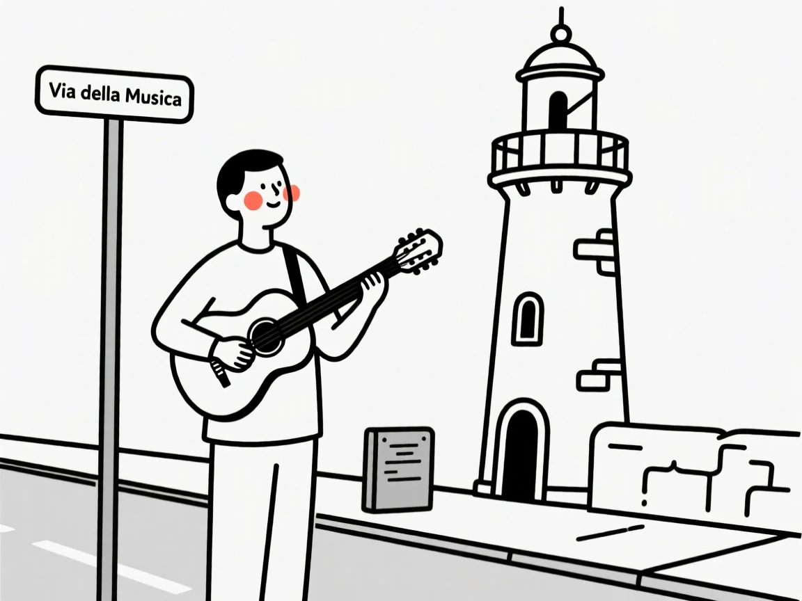 A street of italian heritage musician playing guitar, looking serene and at peace, beside an old lighthouse.