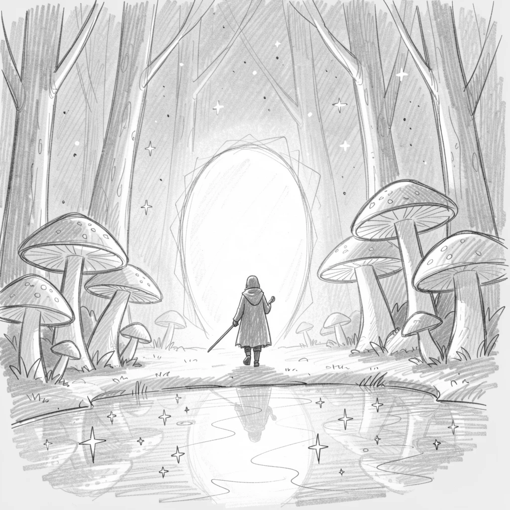 A magical, imaginative vision of a lone wanderer walking toward a glowing portal within a forest of glowing mushrooms, with stars reflected in still water.