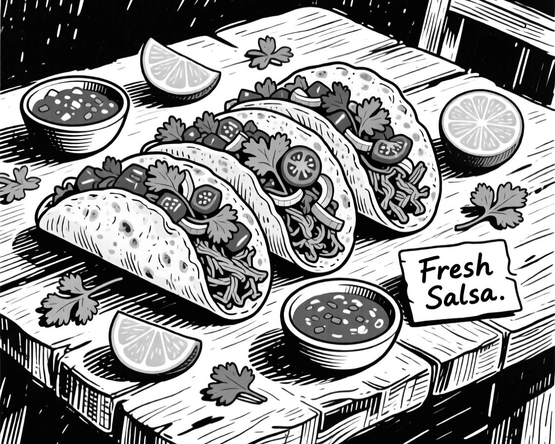 A colorful taco spread with fresh salsa, lime wedges, and cilantro.