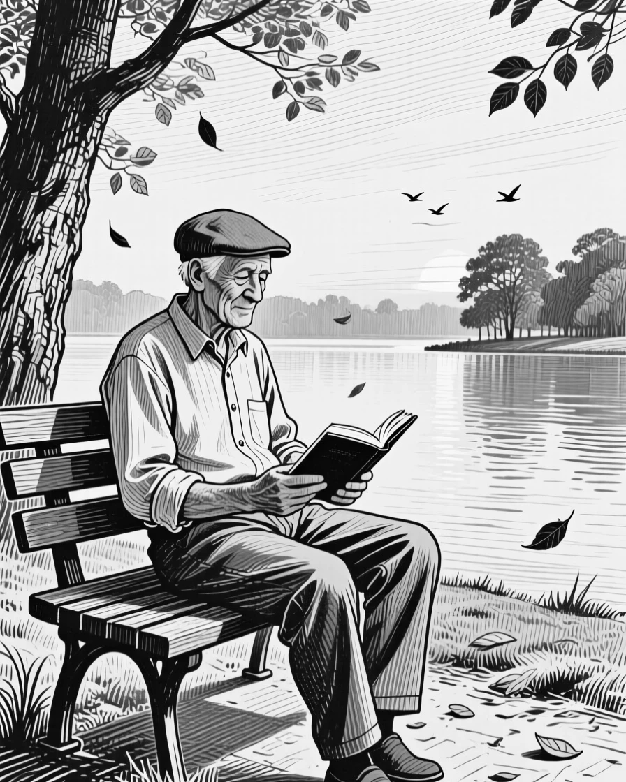 An elderly man reading on a park bench beside a tranquil lake at dawn, with leaves drifting past them in the wind, creating a full of gentle warmth lifestyle scene.