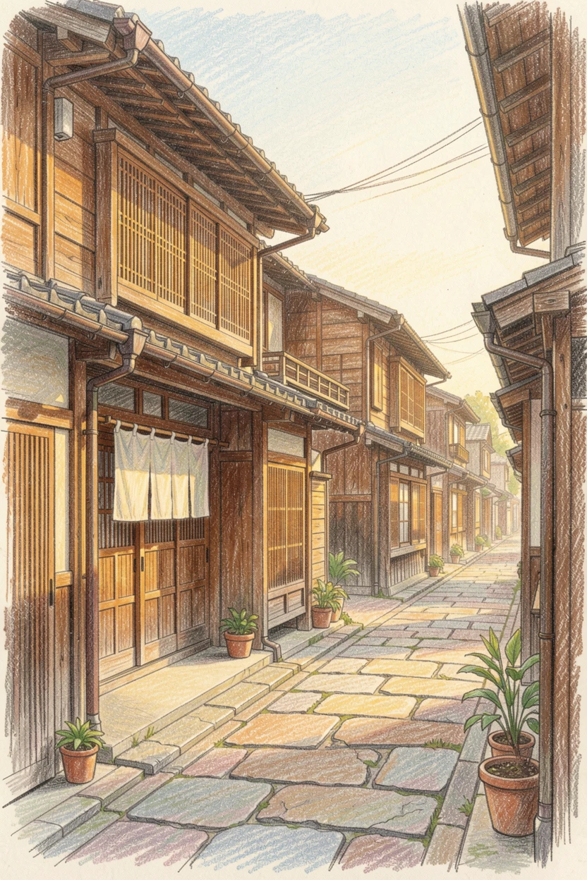 A quiet Kyoto street lined with traditional wooden machiya houses, bathed in the warm glow of golden-hour light, capturing a quiet story that lingers with the viewer.