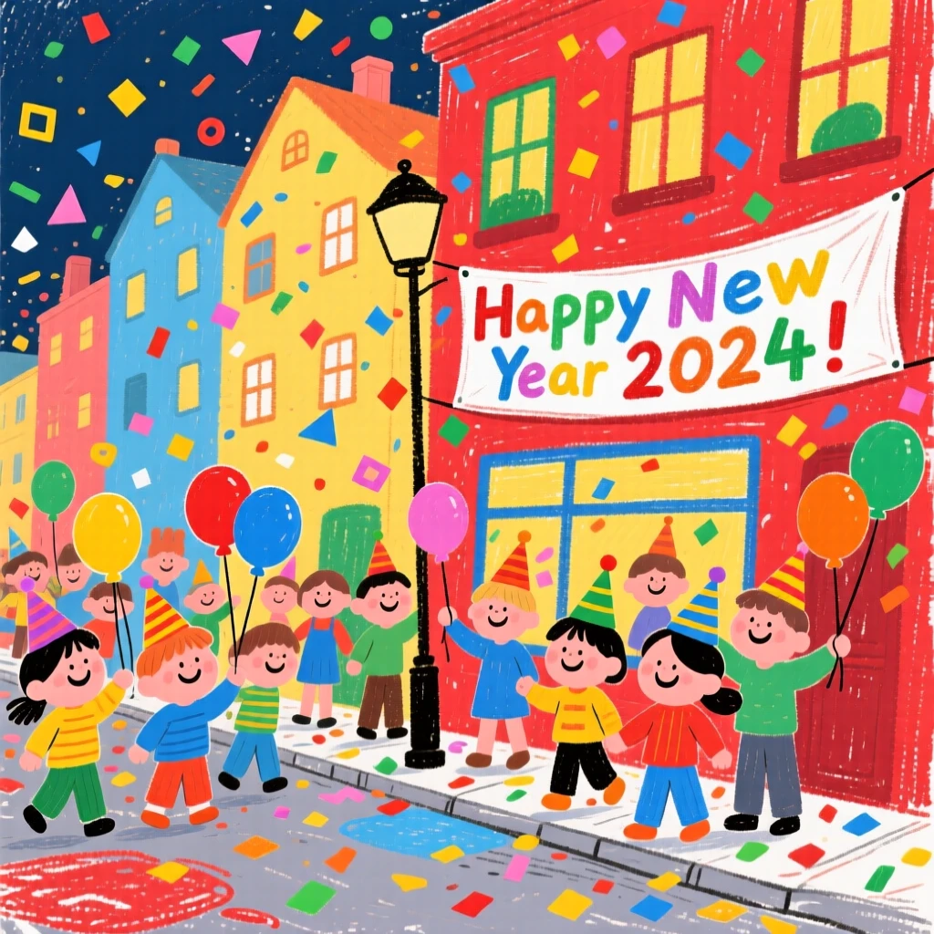 Confetti falling over a joyful New Year's Eve street celebration.