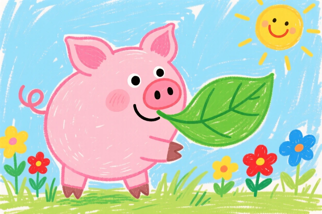 A piglet nibbling on a fresh green leaf.
