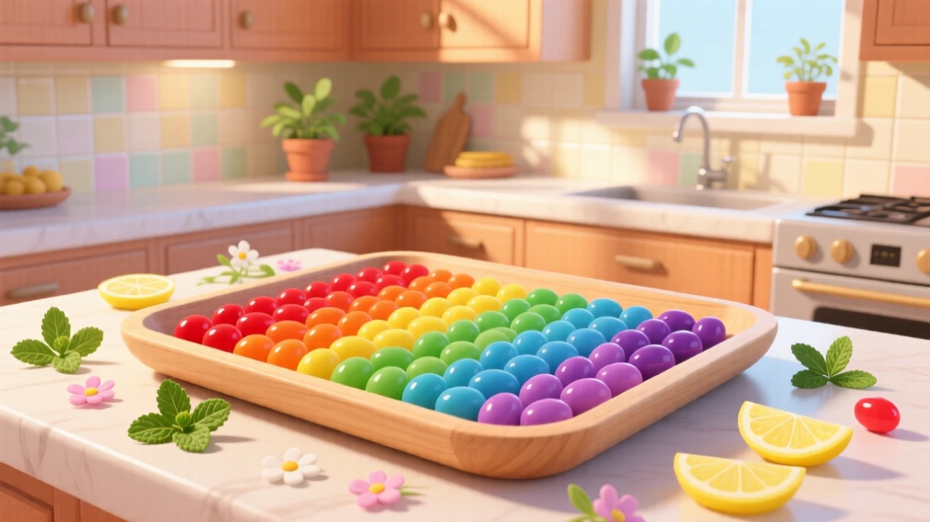 A tray of colorful jellybeans arranged by shade, set within a cozy sunlit kitchen, arranged with garnishes placed for visual balance, with a joyful, celebratory feel.