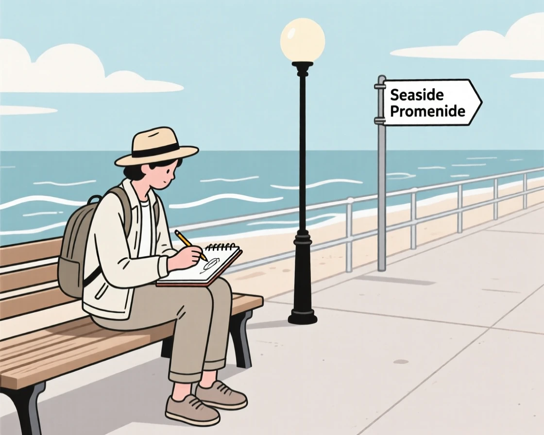 A traveler sketching in a notebook near a seaside promenade.