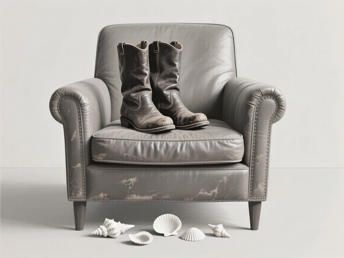 A pair of worn leather boots resting on a worn leather armchair, surrounded by a handful of seashells, evoking understated elegance.