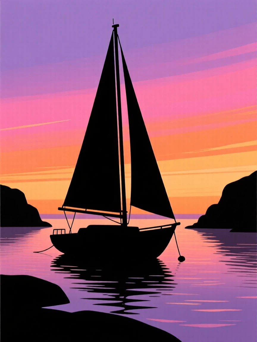 A single sailboat anchored in a quiet, secluded cove.