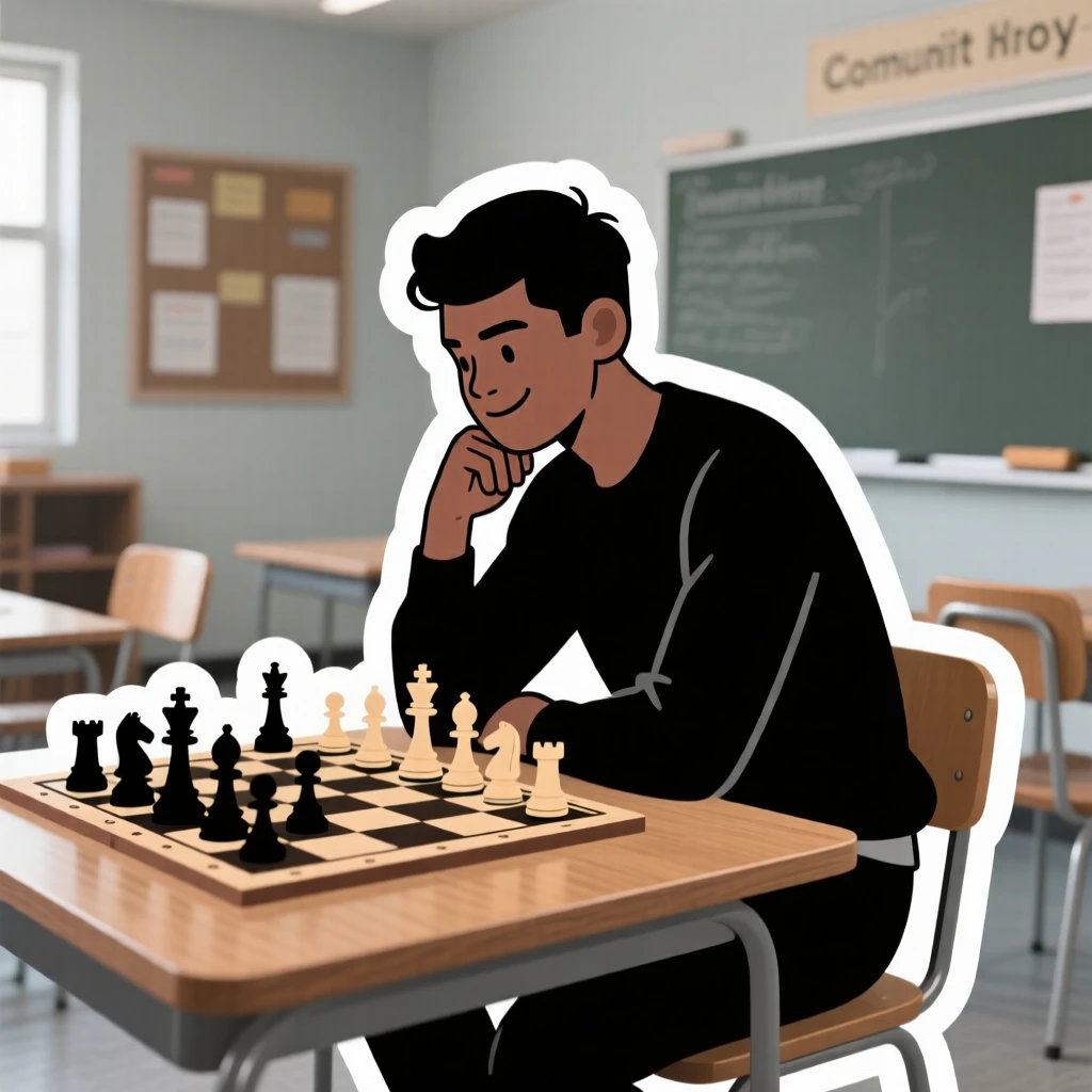 A determined and skilled chess player deep in thought over the board, with a look of quiet satisfaction, in a small community class setting.