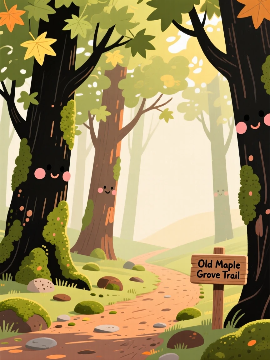 Sunlight filters through a ancient grove of moss-covered maples, casting warm afternoon light across a winding dirt trail scattered with smooth mossy stones.
