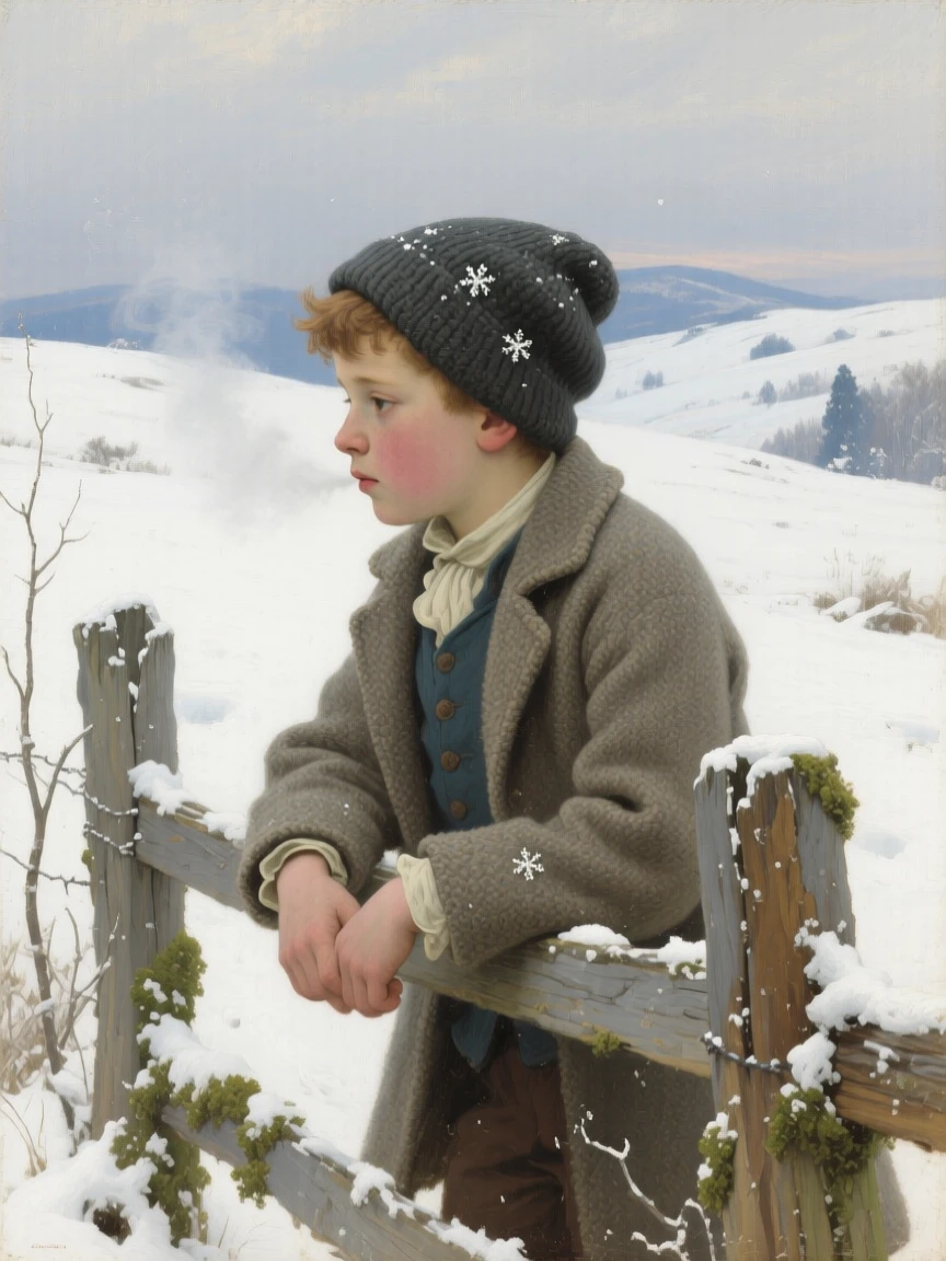 A tightly framed close-up of a young boy perched on a fence, gazing at distant hills, in the 18th century, under a fresh blanket of winter snow.