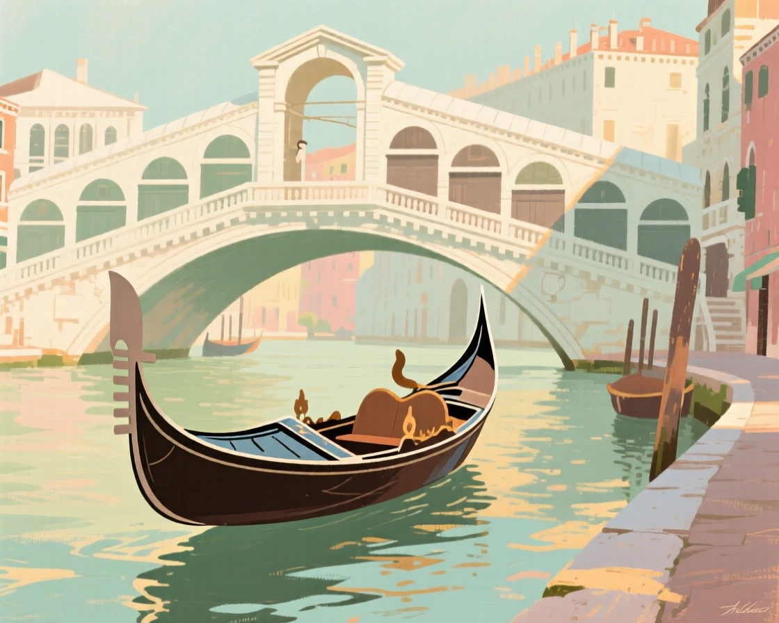 A gondola gliding past the Rialto Bridge in Venice