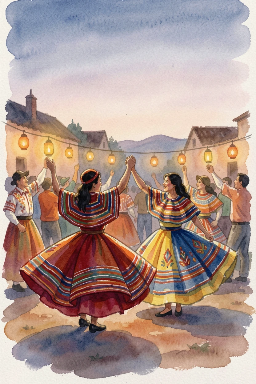 A Peruvian festival with dancers in bright woven textiles with warm lantern light glowing at dusk.