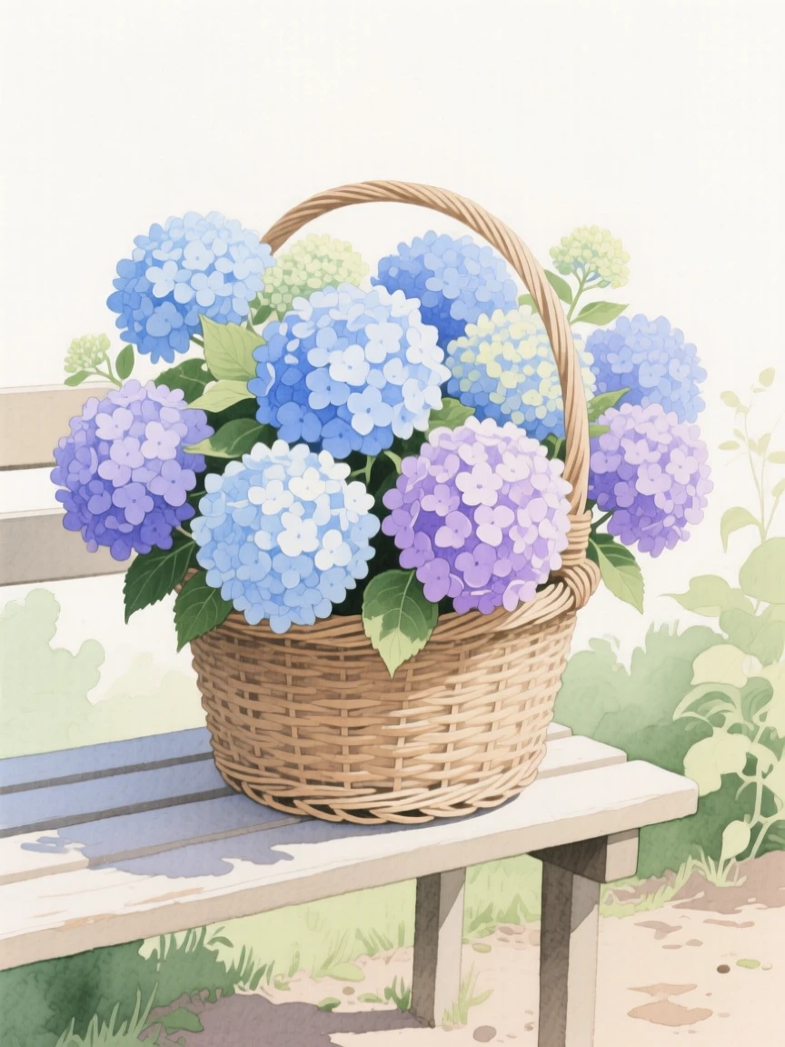 A cluster of hydrangea blooms in blue and violet fills a woven basket on a garden bench