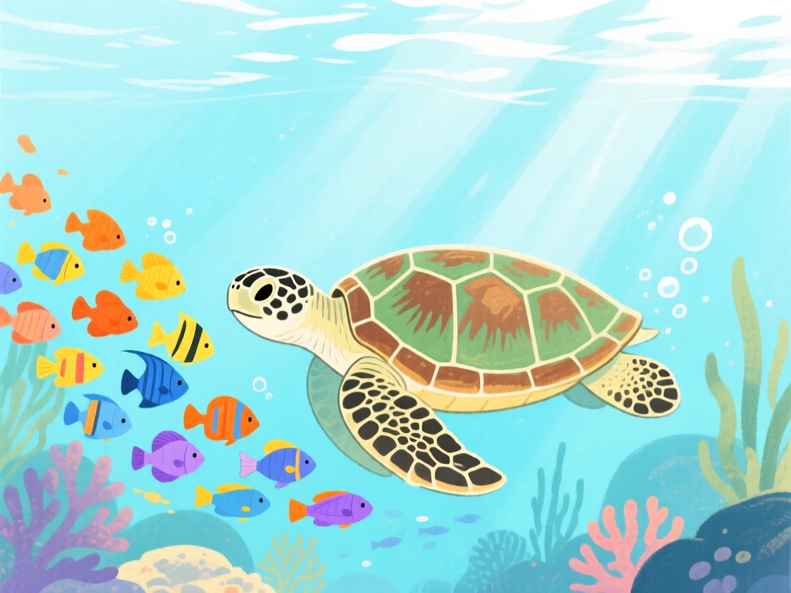 A vivid scene of a sea turtle swimming beside a school of colorful fish.