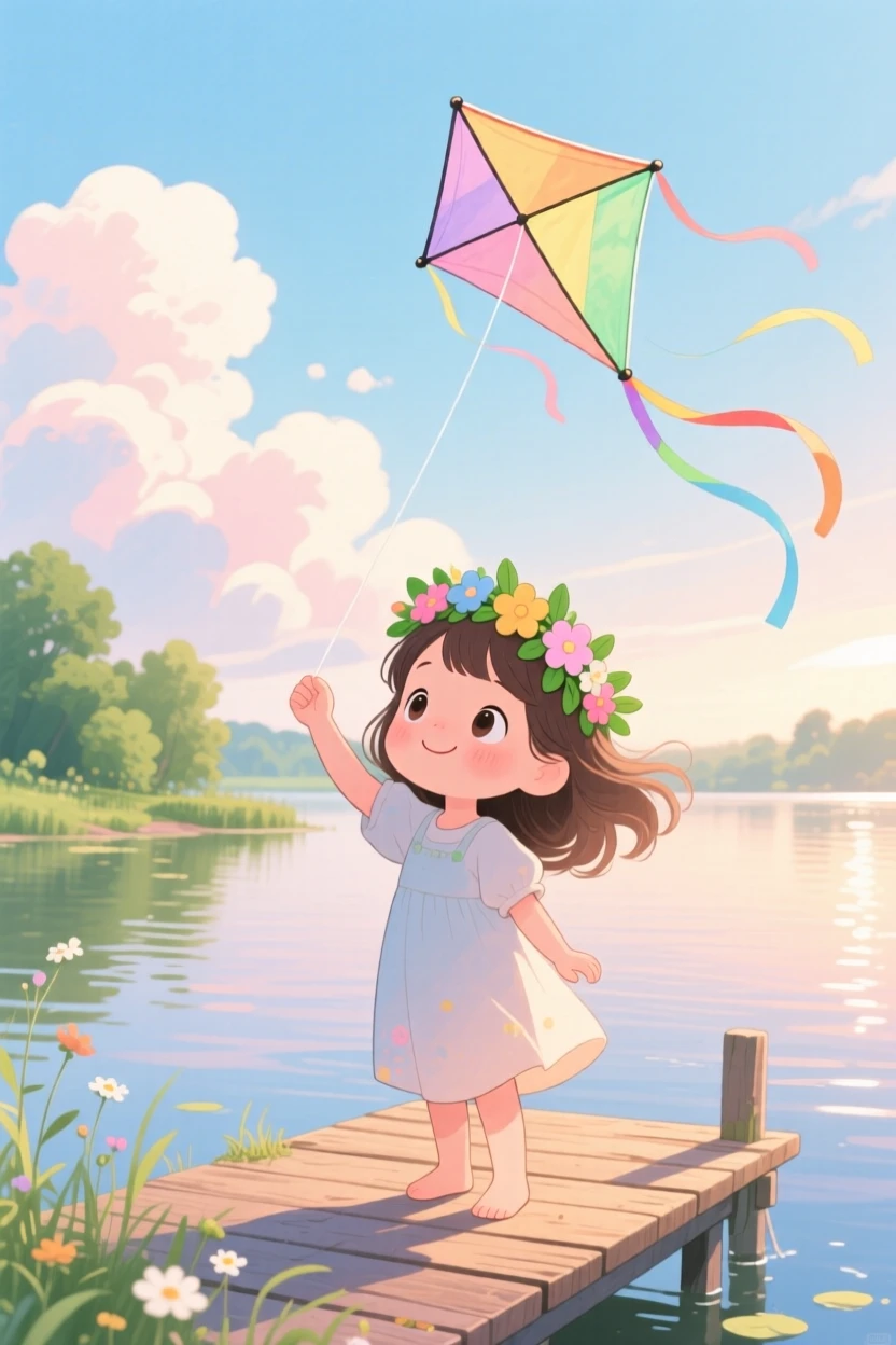 A girl with a flower crown flying a kite that dances against fluffy clouds, in a lakeside dock at early morning, radiating sweetness and gentle curiosity.