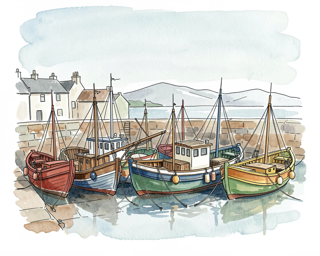 A row of colorful fishing boats moored along a quiet harbor wall, distant mountains or sea visible beyond the rooftops.