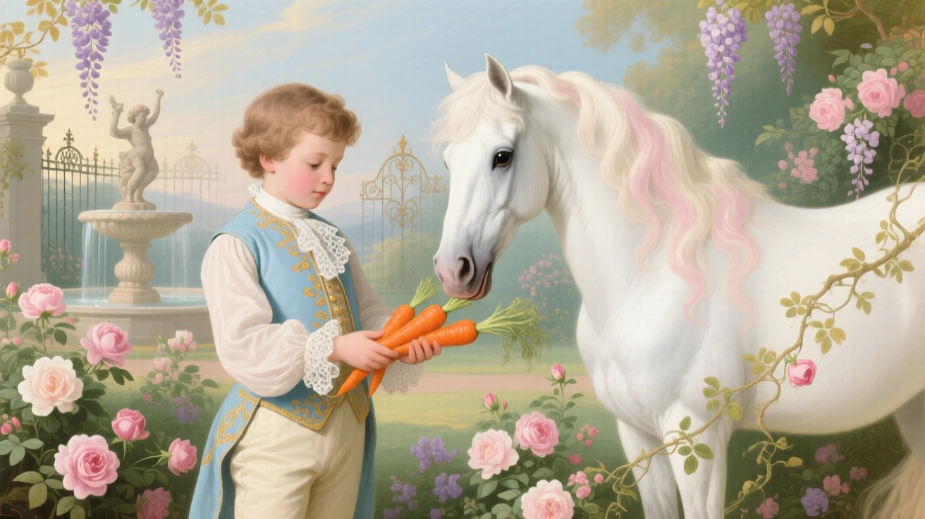 A boy carefully feeding carrots to a white pony  
