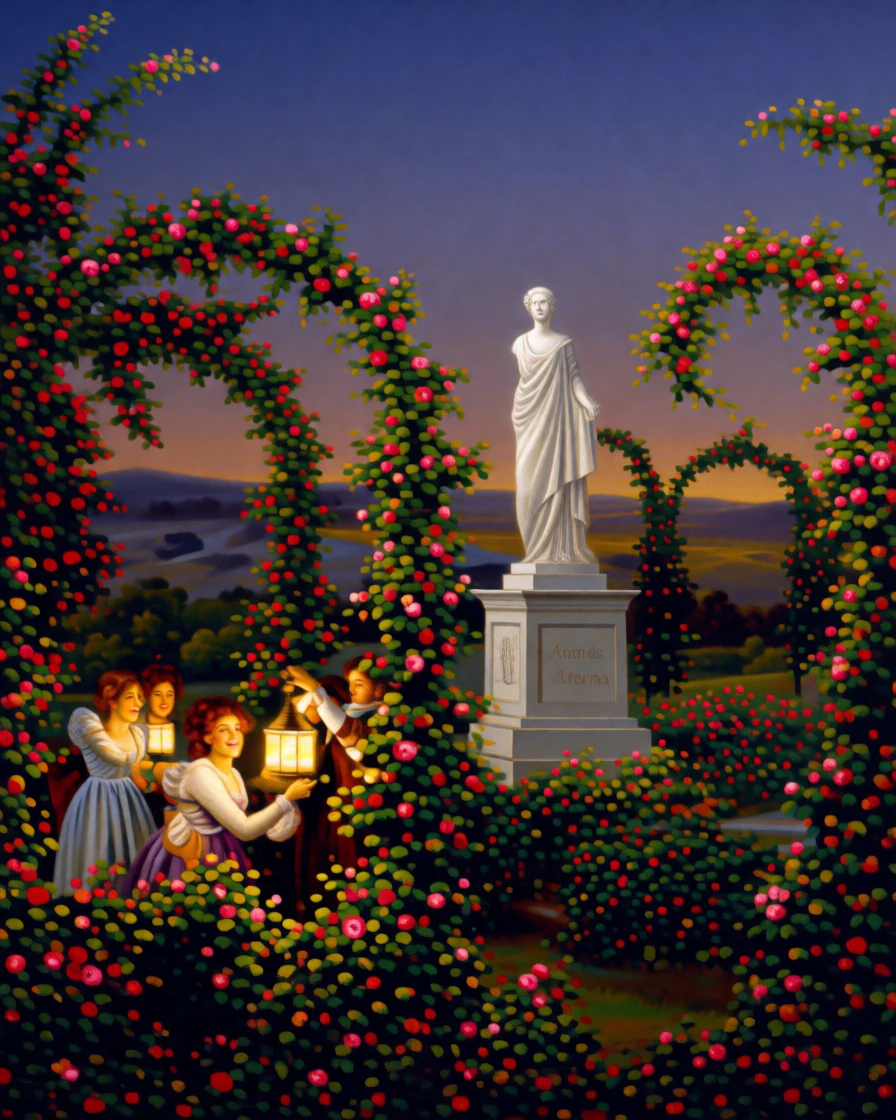 A group of friends plays among the hedges of a rose garden beneath a marble statue as lanterns are lit for evening.