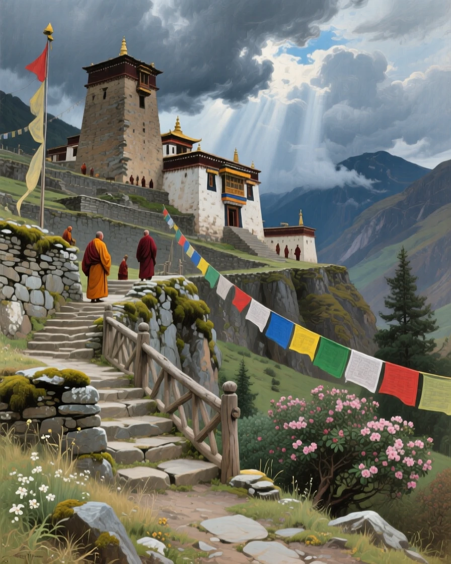 The ancient stone terraces and towers of a hidden Himalayan monastery, as a dramatic sky adds depth and atmosphere to the skyline, designed to transport the viewer directly into the scene