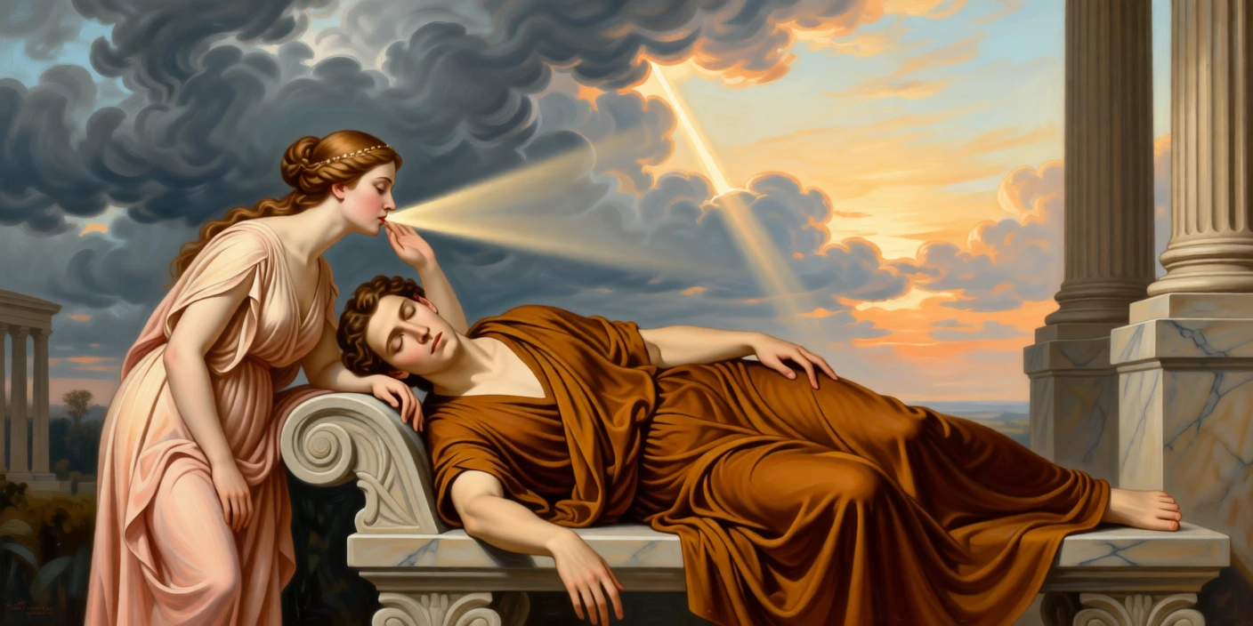 The muse of poetry whispering inspiration to a sleeping artist in a moment charged with timeless symbolic meaning, set beneath a sky divided between storm and radiant light, with a single ray of light illuminating the central symbolic gesture; radiating light from the central figure draws every eye inward, radiating timeless wisdom and moral clarity.