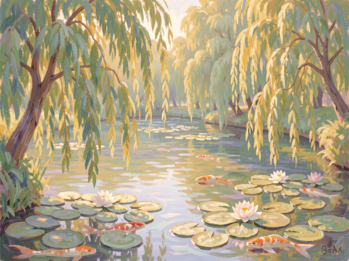 A tranquil pond bordered by weeping willows, koi fish drifting lazily beneath lily pads, filled with a cozy, comforting atmosphere.