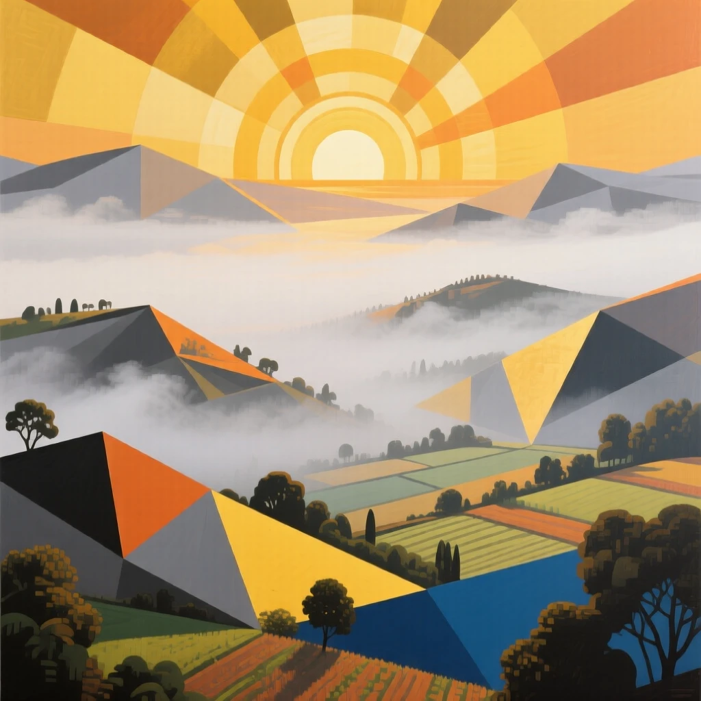 A golden sunrise breaking through heavy fog over a quiet valley.
