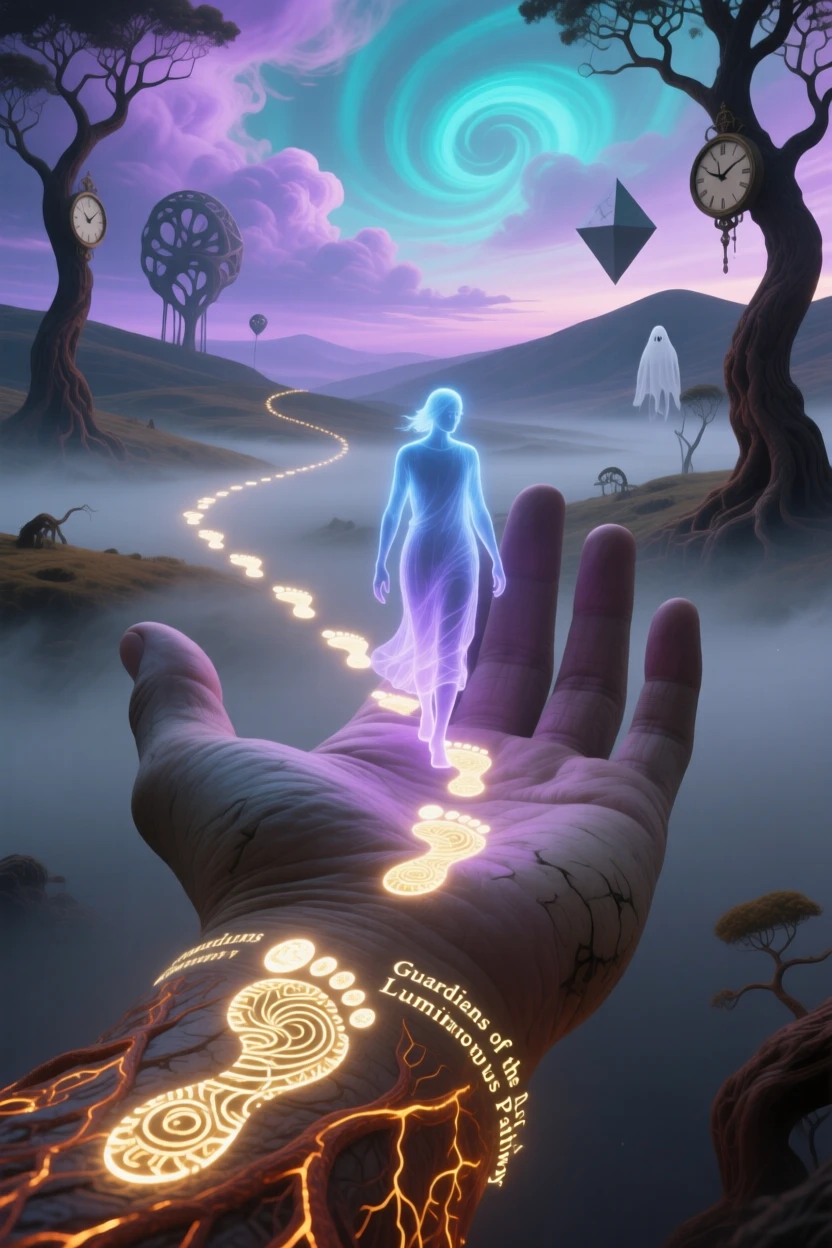 A figure walking forward while leaving footprints of light behind rests gently in the palm of an outstretched hand, as everything else fades quietly into muted color.