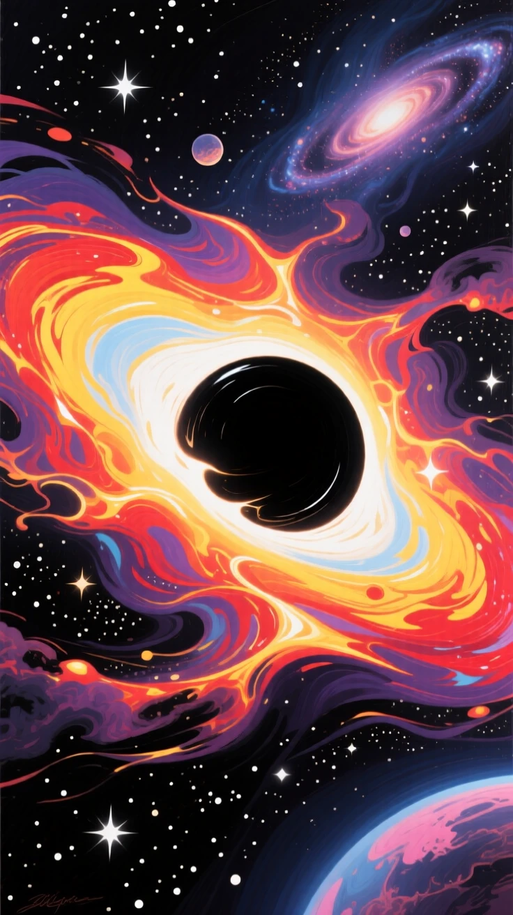 A black hole bends light dramatically around its event horizon, a swirling accretion disk of glowing matter spiraling into the darkness, distant elements hinting at a much larger world extending beyond what is visible.
