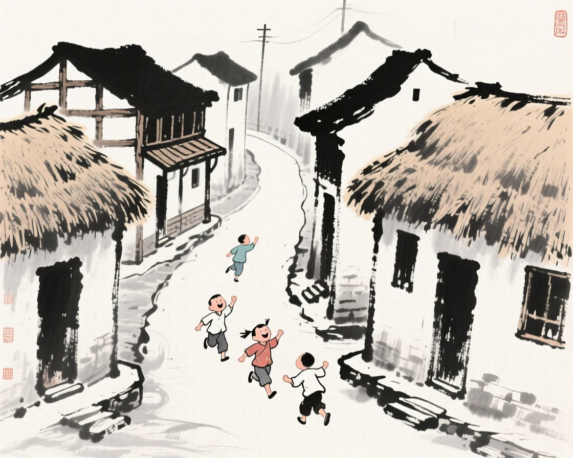 A row of thatched-roof houses lines a narrow village street, as children run laughing through the narrow lanes.