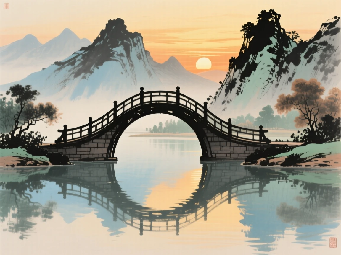 A graceful curved bridge reflected perfectly in still water, as the sun sets behind distant peaks.