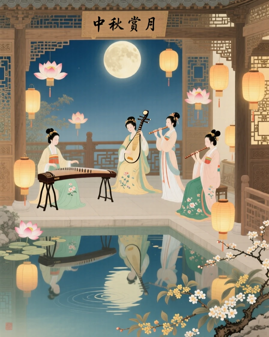 A moon-viewing party on a terrace with musicians and glowing lanterns, reflected in the still water of a nearby pond