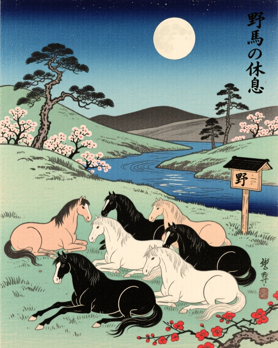 A herd of wild horses resting in a moonlit meadow.