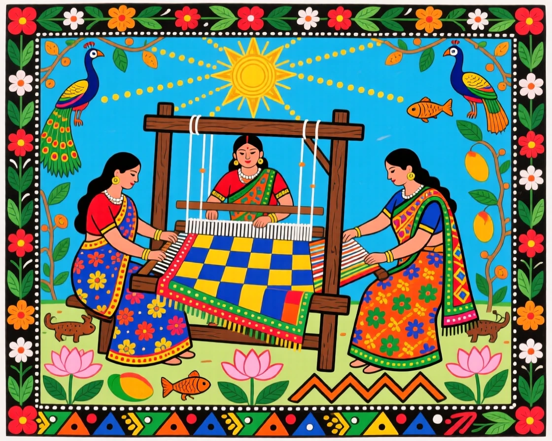 Women weaving colorful textiles on a traditional loom beneath open skies.