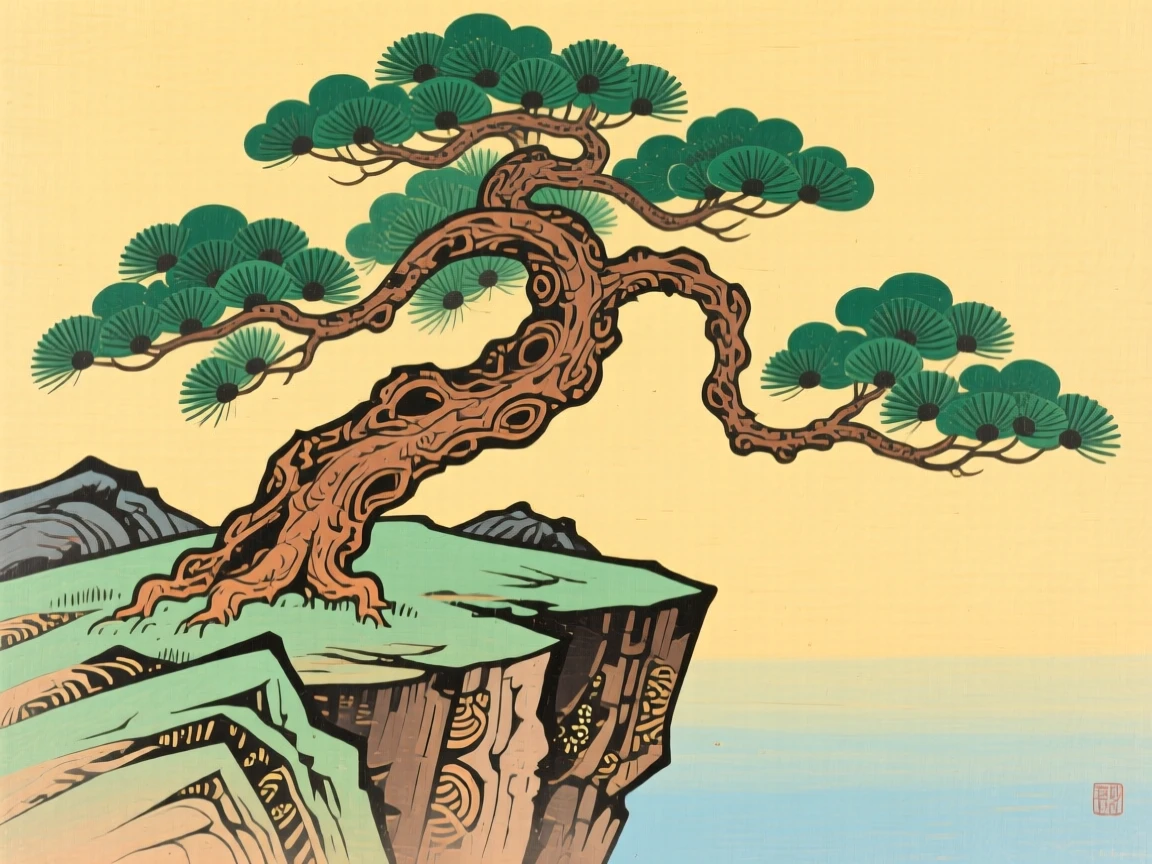 An old pine tree twisted by time, standing firm on a rocky cliff as a symbol of endurance.