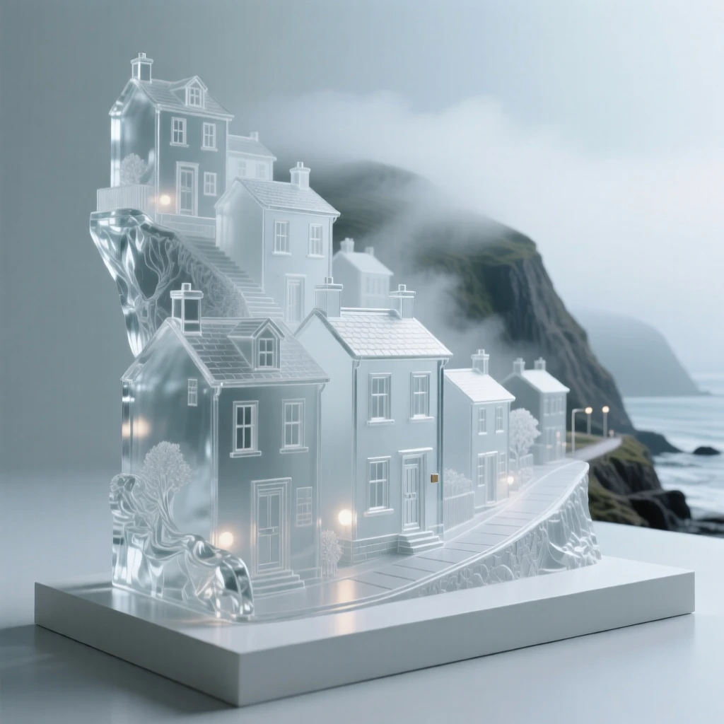 As morning fog drifts slowly through the streets below, a row of terraced houses climbing a steep coastal hillside
